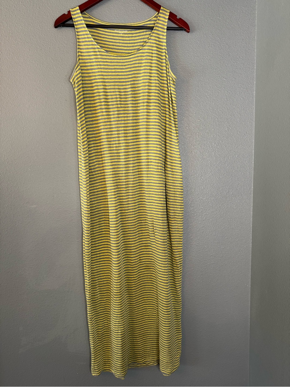 Eileen Fisher XS 100% Linen Maxi Tank Dress Yellow Gray Striped Sleeveless